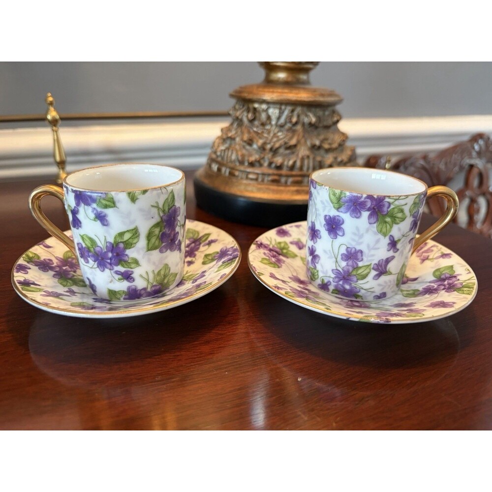 Vintage Demitasse Tea Cup and Saucer Set Violet Chintz Inarco Japan E-563